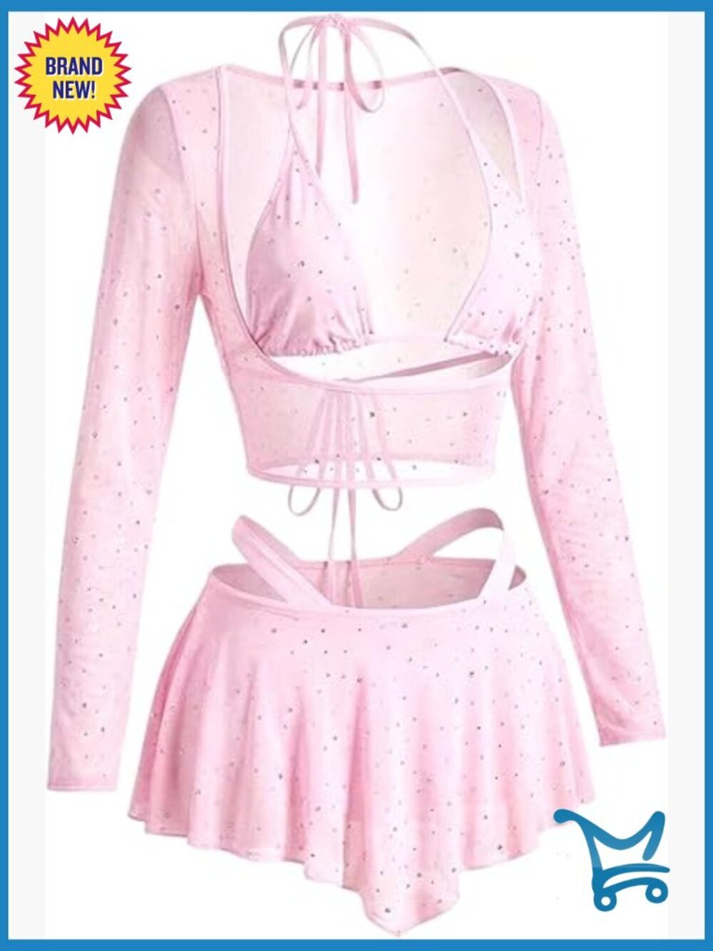 Mesh Long Sleeve Crop Top and Flowy Skirt Set, Sparkly Rave Outfit
